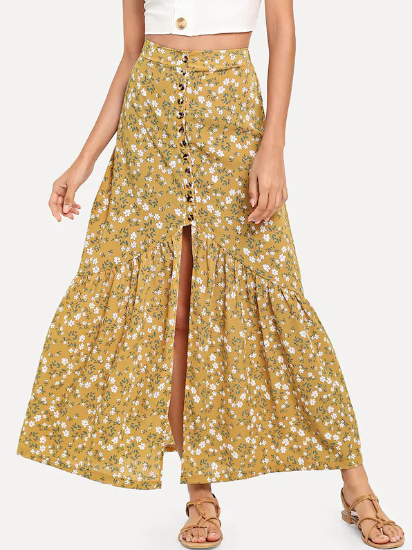 Yellow Floral Maxi Skirt With Buttons - Boho Buys