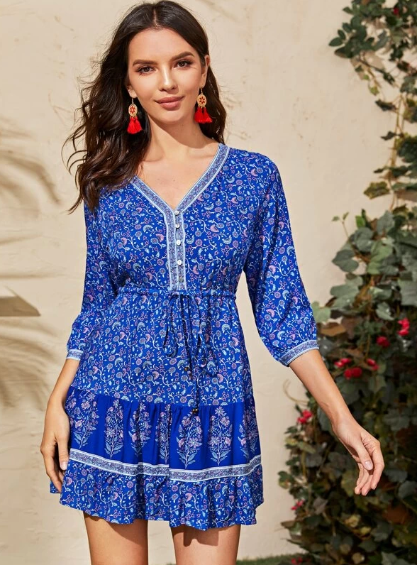 Boho Blue Floral Paisley Mini Dress - Boho Buys