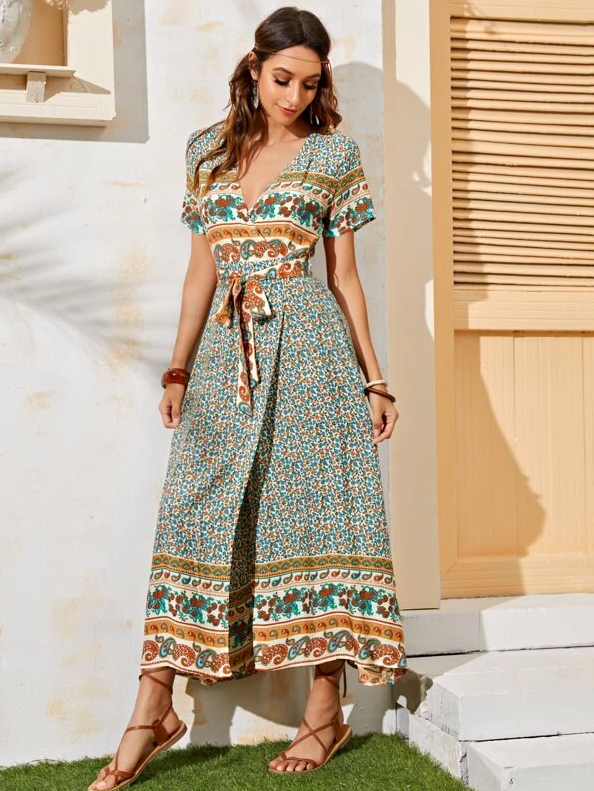 Boho Paisley Print Long Wrap Maxi Dress - Boho Buys