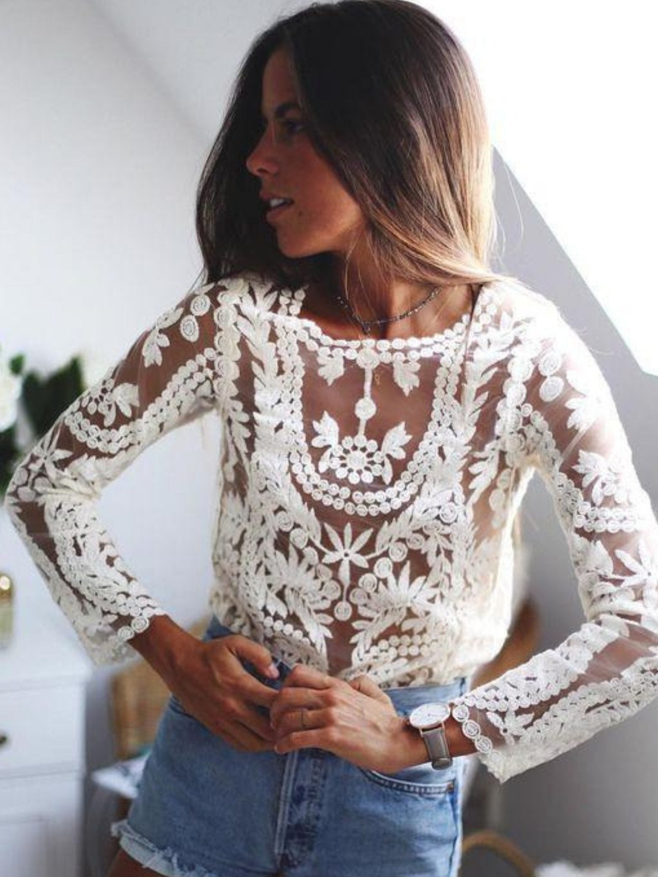 cream lace long sleeve top